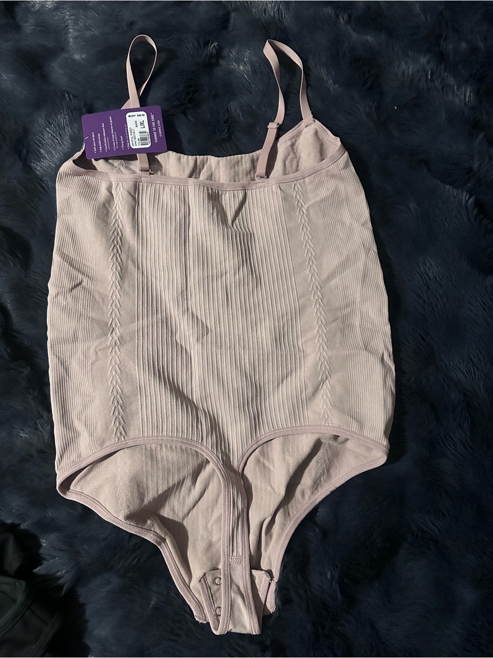 Ribbed Light Pink Women's Stretch Bodysuit with Adjustable Straps - Picture 2 of 4